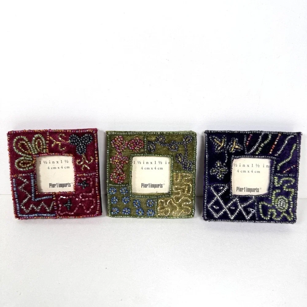 NFS Set Of 3 Pier One Imports Velvet & Beaded 1.5 x 1.5 Mini Photo Frames, NEW